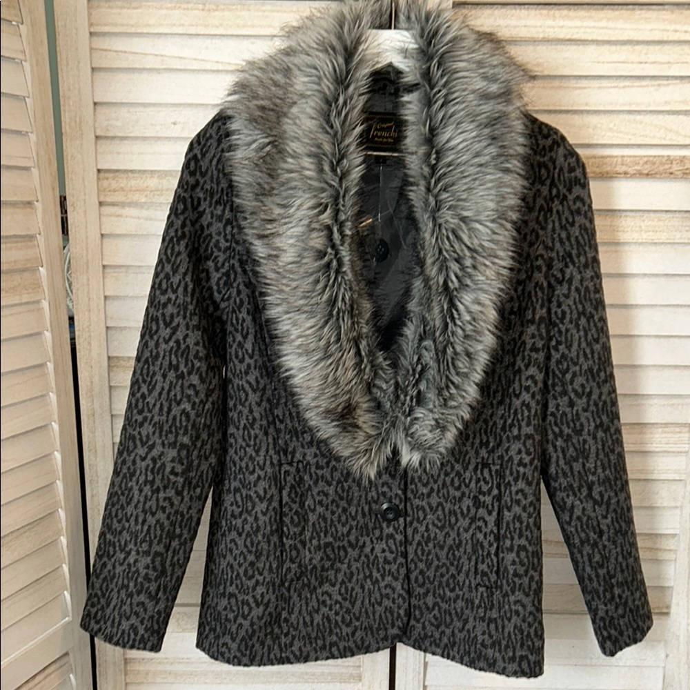 Original Frenchi Leopard Print Faux Fur Collar Coat   Size Small